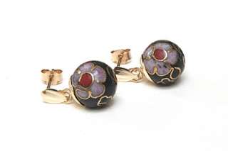 9ct GOLD Chinese Black ENAMEL Ball Drop earrings, GIFT BOXED, Made in 