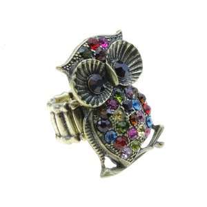   Antique Goldtone Multi Color Crystal Owl Lovers Stretch Ring Jewelry