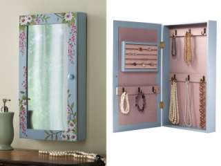 New Wall Mount Mirrored Jewelry Organizer Holder Cabinet Display Blue 
