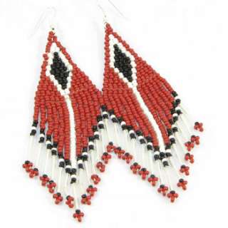 CORAL RED BLACK WHITE NATIVE ARROWHEAD BEADED EARRINGS  