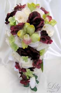 17pcs Wedding Bridal Bouquet Flower Burgundy Orchid Ivr  