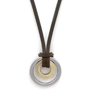   Brown Leather Necklace with Stainless Steel and Brass Rings: Jewelry