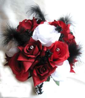   package wedding silk flowers Centerpieces RED BLACK WHITE FEATHERS