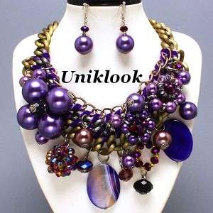   Pearl Crystal Chunky Bib Costume Jewelry Necklace Earrings Set  