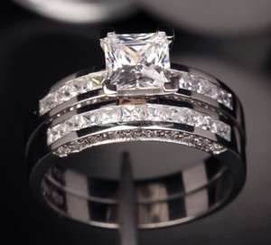 18K White GOLD GF Lab Diamond Swarovski Crystal Princess WEDDING Set 