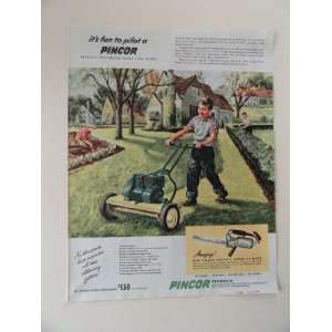 Pincor lawn mower. Vintage 40s full page print ad. (boy mowing lawn 