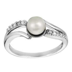  14k White Gold Cultured Pearl Diamond Ring (7 mm 