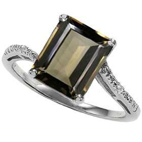   Emerald Cut Smoky Quartz and Diamond Ring(Metal=yel Jewelry