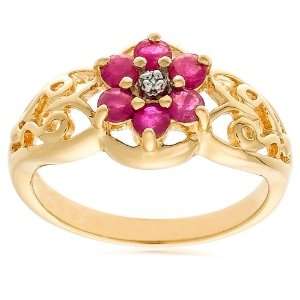 18k Yellow Gold Plated Sterling Silver Diamond Accent and Ruby Flower 