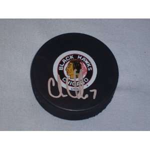 Chris Chelios Autographed Chicago Blackhawks Original Six Logo Puck