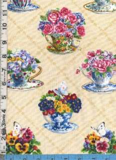Fabric Elizabeth TEACUPS & ROSES BUTTERFLY PANSY CREAM  