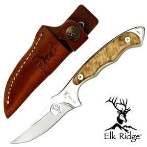 Elk Ridge SKINNER HUNTING KNIFE BURL WOOD 7 FULL TANG w/ SHEATH 