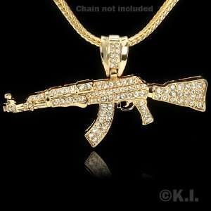  Gold Plated AK 47 Assault Rifle Gun Cubic Zirconia Hip Hop 