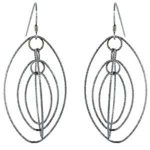 Silver Graduated Wire Dangling Ovals Hanging Hoop Diamond Cut Earrings 