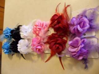 BIG flower hair BOW clip FEATHER roses ROCKABILLY 3 brooch PIN lot 