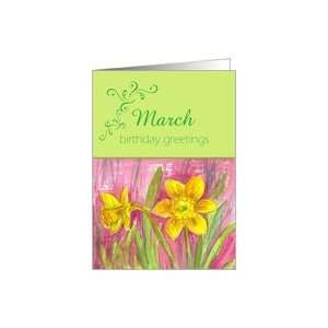 Happy March Birthday Greetings Yellow Daffodil Flower Watercolor Card