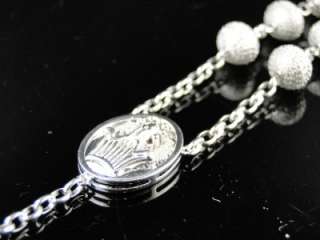 MENS BEADED WHITE GOLD FINISH ROSARY DIAMOND CHAIN NECKLACE 32 + 7 