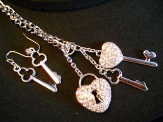 Crystal Heart, Lock & Key Pendant Necklace, xtra Bling  