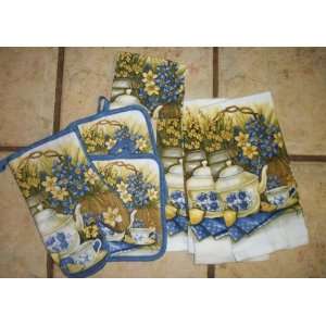 piece Tea Pot Kitchen Towel Set with Blue Flowers and Tea Cups Towel 