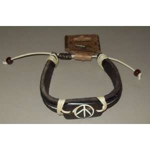 Leather Bracelet with Peace Sign 60s Style