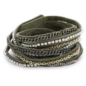  Crystal Rhinestone Multi Chain Olive Leather Wrap Bracelet Jewelry