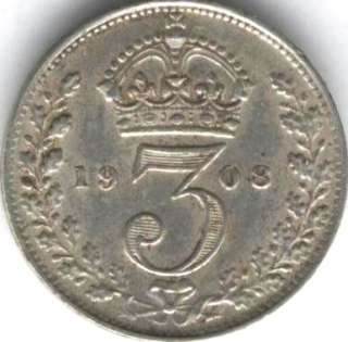 UK GREAT BRITAIN COIN 3 PENCE 1908 AU  