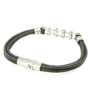 Four Cord Mens Leather Bracelet With Stainless Steel Motorcycle Chain 