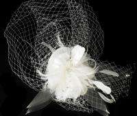 NWT New White Bridal Birdcage Veil Wedding Hat Crystal Feather 