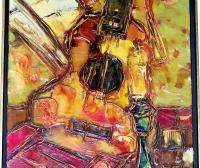   Vintage Acrylic Painting of Guitar, Sheet Music and Candle  