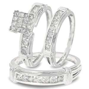 Carat T.W. Round Princess Cut Diamond Trio Matching Wedding Ring 