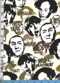 Fabric Kaufman THREE STOOGES faces Moe Larry Curly grn  
