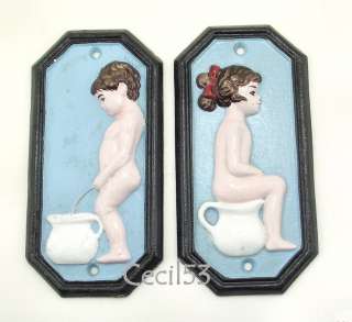 CAST IRON RESTROOM TOILET PLAQUES SIGNS BOY GIRL PEEING  