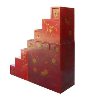 sides chinese leather flower painting step tansu storage cabinet 