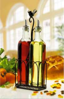Glass Vinegar Olive Oil Cruet Bottle Set Bird Loop Metal Holder Pour 