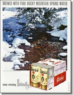 1967 Snowy Mountain Stream   Coors 6 Pack Cans Photo Ad  