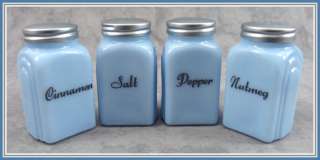 DELPHITE BLUE GLASS 4 PC ARCH SPICE JAR SHAKER SET Salt Pepper Nutmeg 