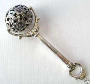 BABY RATTLE HEAVY WEIGHT 925 SILVER ROTARY FLORAL BALL  