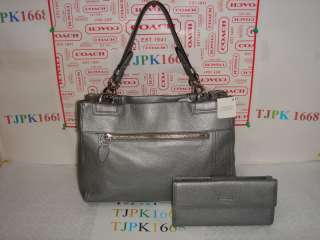   NWT COACH~Silver~Penelope Leather Carryall Purse16531+Checkbook Wallet