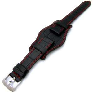  20mm Military Bunds Watch Strap BLACK CrocoCalf Red Stitch 